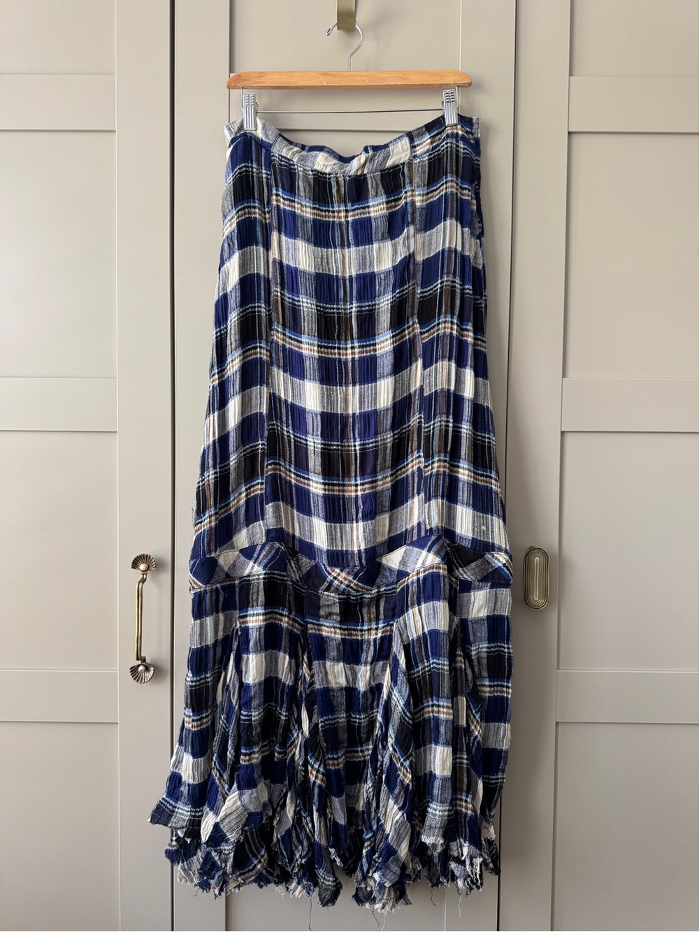 Free People Bordeaux Plaid Maxi Skirt Billowy Column Fit Navy Blue Combo Frayed - Picture 1 of 8